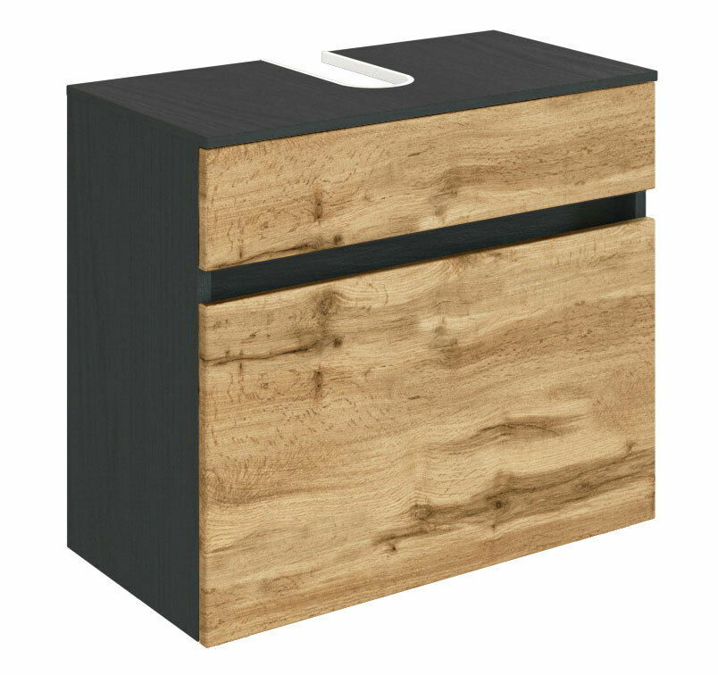 Waschbeckenunterschrank in Holzoptik mit dunklem Korpus, seitliche Perspektive
