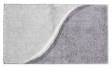 Badteppich in Grau- und Violetttönen mit geschwungenem Muster, Draufsicht