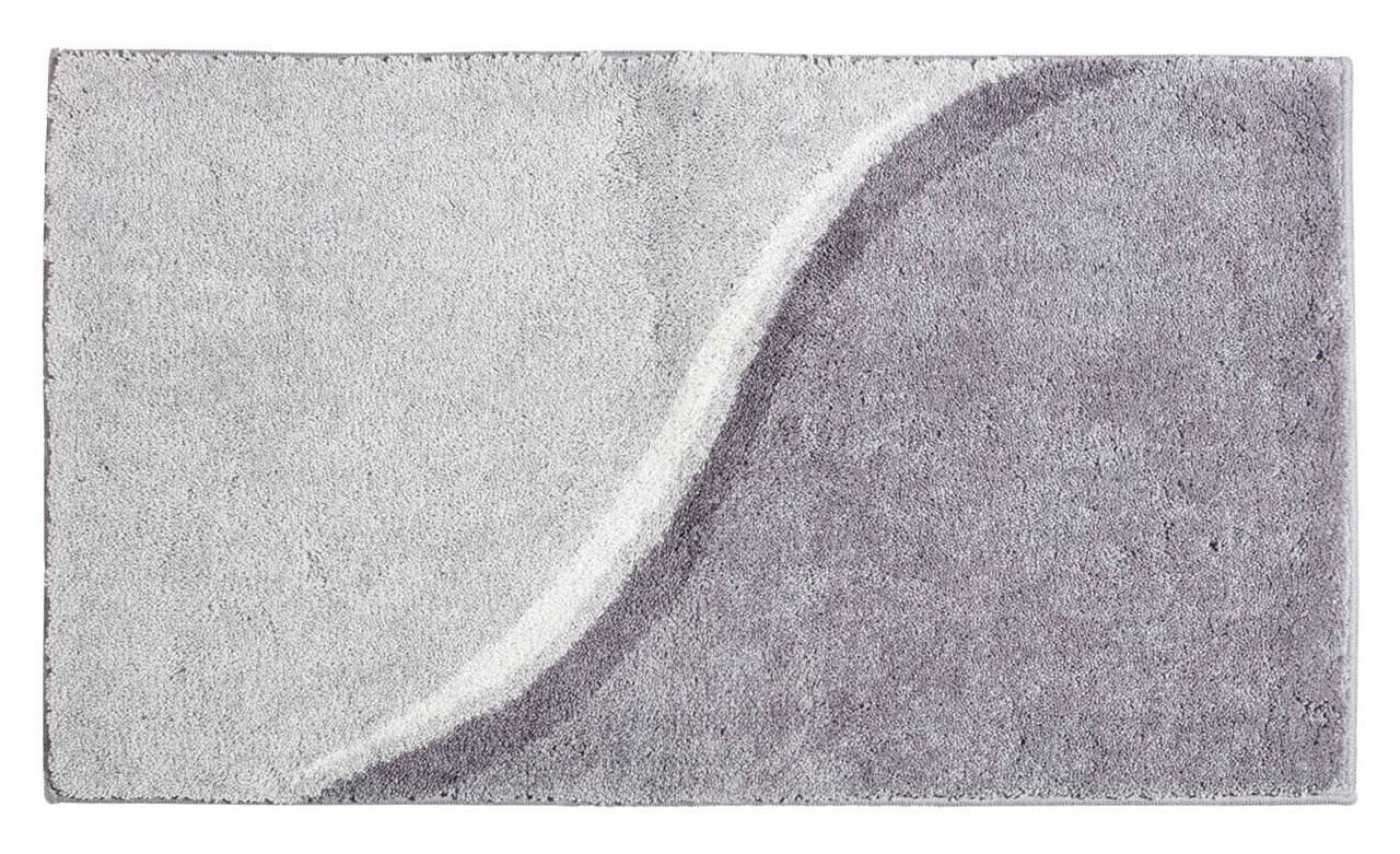 Badteppich in Grau- und Violetttönen mit geschwungenem Muster, Draufsicht