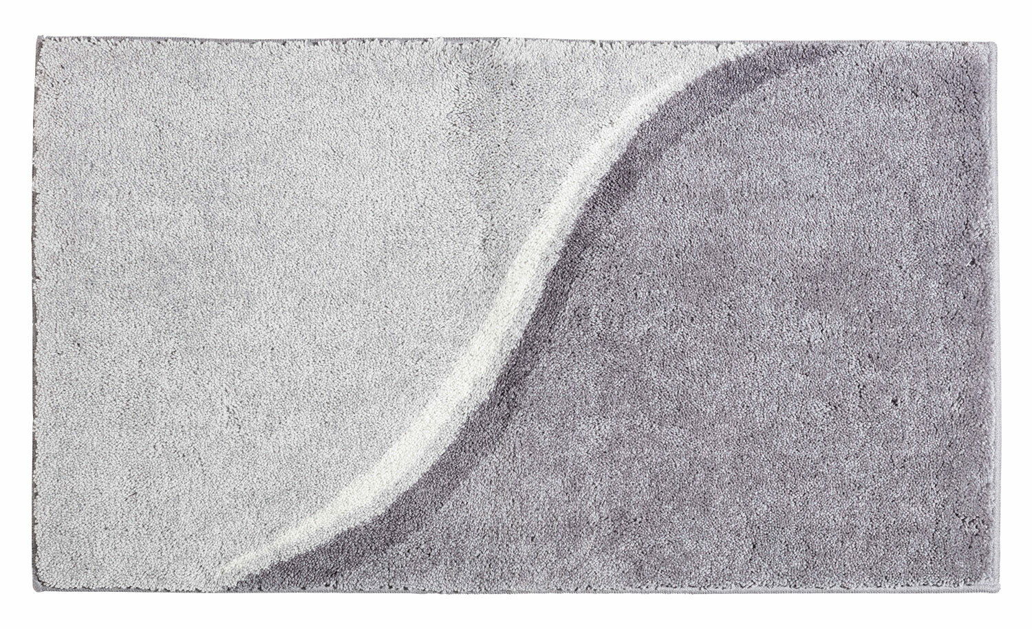 Badteppich in Grau- und Violetttönen mit geschwungenem Muster, Draufsicht