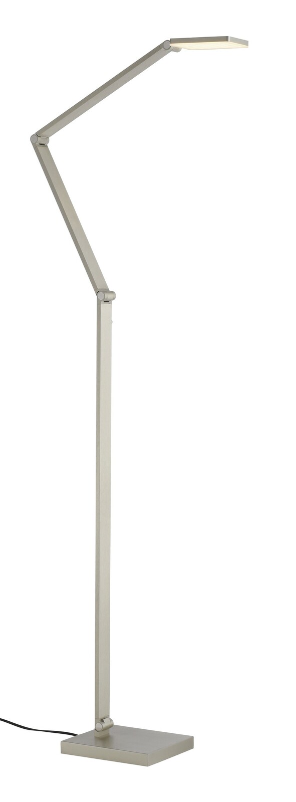 Moderne LED-Stehleuchte in seitlicher Perspektive mit verstellbarem Arm und rechteckigem Lampenkopf.
