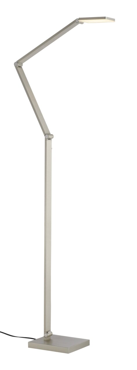 Moderne LED-Stehleuchte in seitlicher Perspektive mit verstellbarem Arm und rechteckigem Lampenkopf.