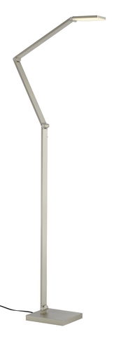 Moderne LED-Stehleuchte in seitlicher Perspektive mit verstellbarem Arm und rechteckigem Lampenkopf.