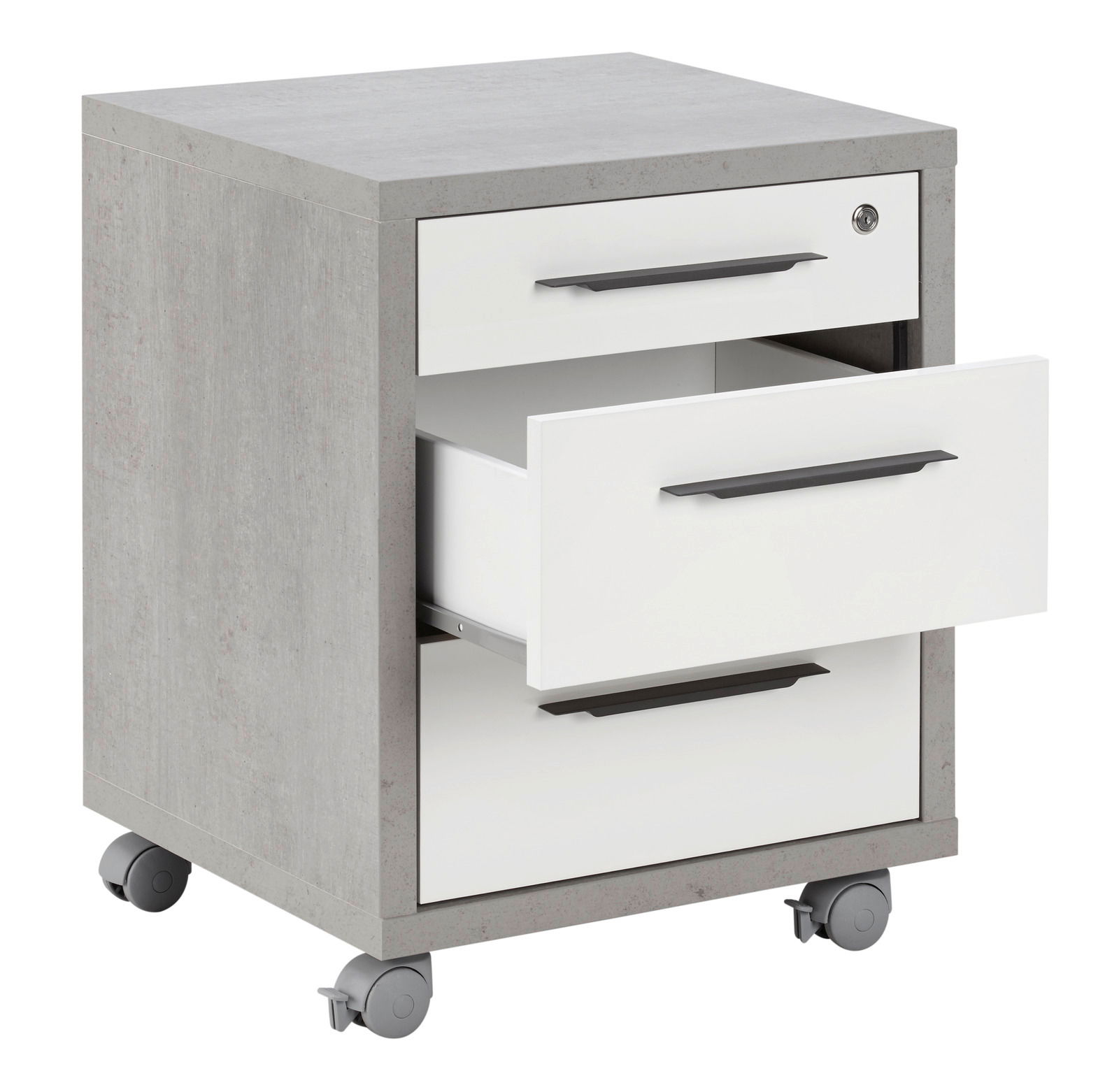 Rollcontainer mit zwei geöffneten Schubladen, graue Seiten und weiße Fronten, auf Rollen, Perspektive von vorne links