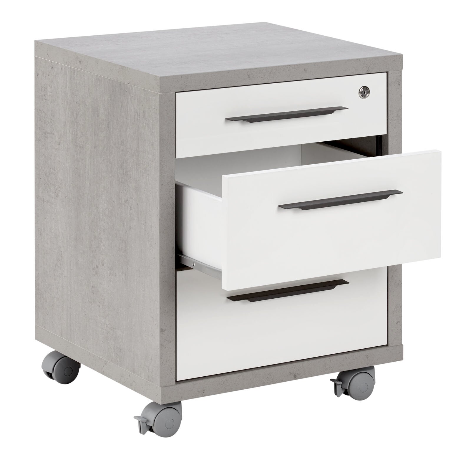 Rollcontainer mit zwei geöffneten Schubladen, graue Seiten und weiße Fronten, auf Rollen, Perspektive von vorne links