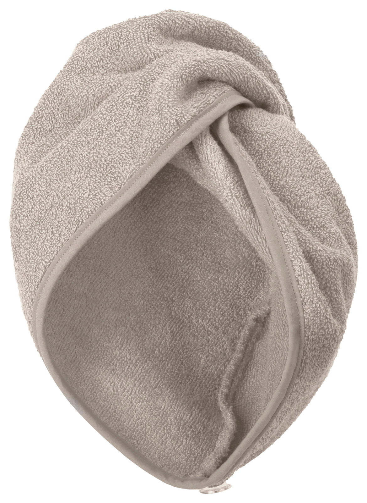 Beiges Handtuchturban aus Frottee, seitliche Perspektive