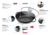 Alugussbräter Alucast 38cm mit Glasdeckel, schwarzer PTFE-Beschichtung und tropffreiem Ausguss, seitliche Perspektive