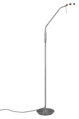 Stehleuchte mit schlankem, modernem Design, silberfarbenem Ständer und rundem LED-Leuchtkopf, seitliche Perspektive