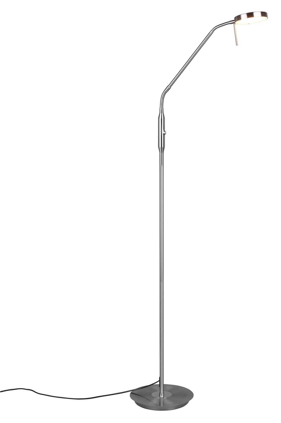 Stehleuchte mit schlankem, modernem Design, silberfarbenem Ständer und rundem LED-Leuchtkopf, seitliche Perspektive