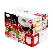 Verpackung mit 12 WECK-Gläsern für Vor- und Nachspeisen, 220 ml, mit Abbildungen von Desserts, schräg von vorne fotografiert.