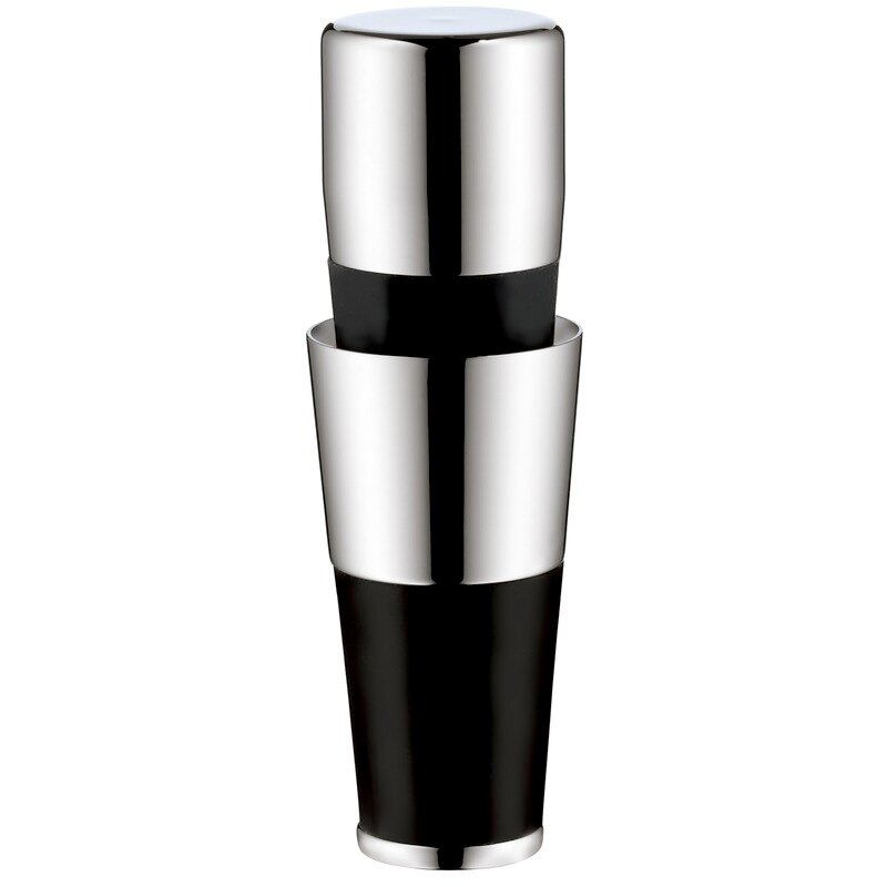 Weinausgießer mit Verschluss aus Edelstahl und schwarzem Kunststoff, frontal abgebildet