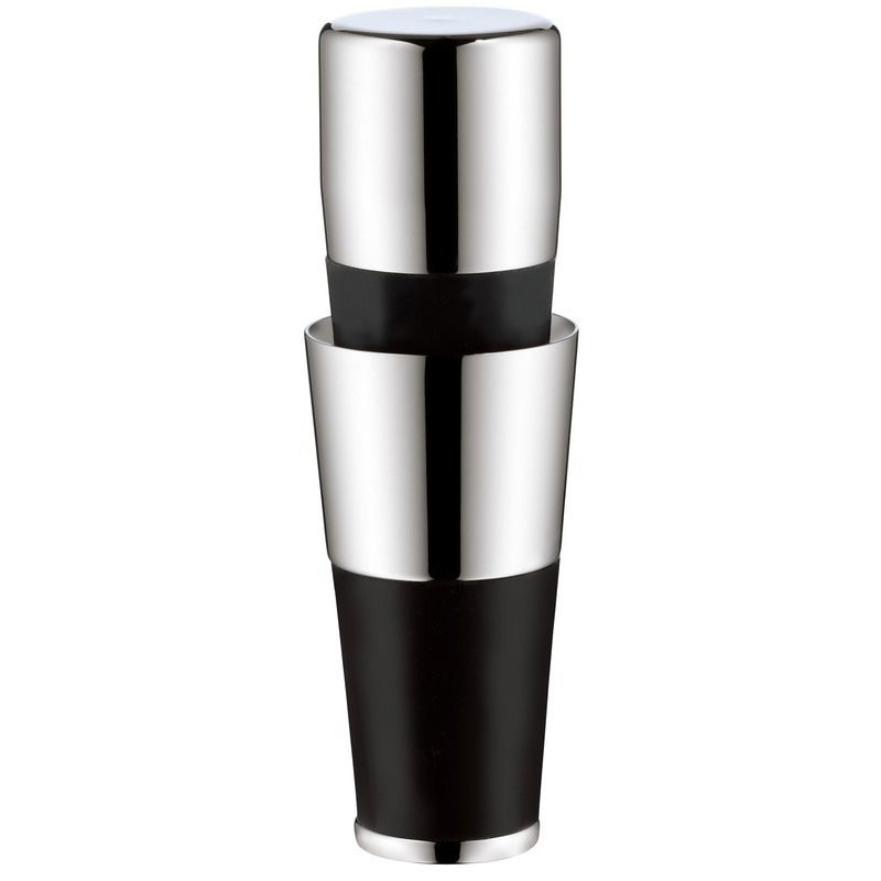 Weinausgießer mit Verschluss aus Edelstahl und schwarzem Kunststoff, frontal abgebildet