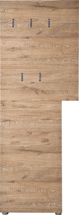 Frontale Ansicht einer Garderobenkombination aus Holz mit mehreren Haken zur Aufhängung.