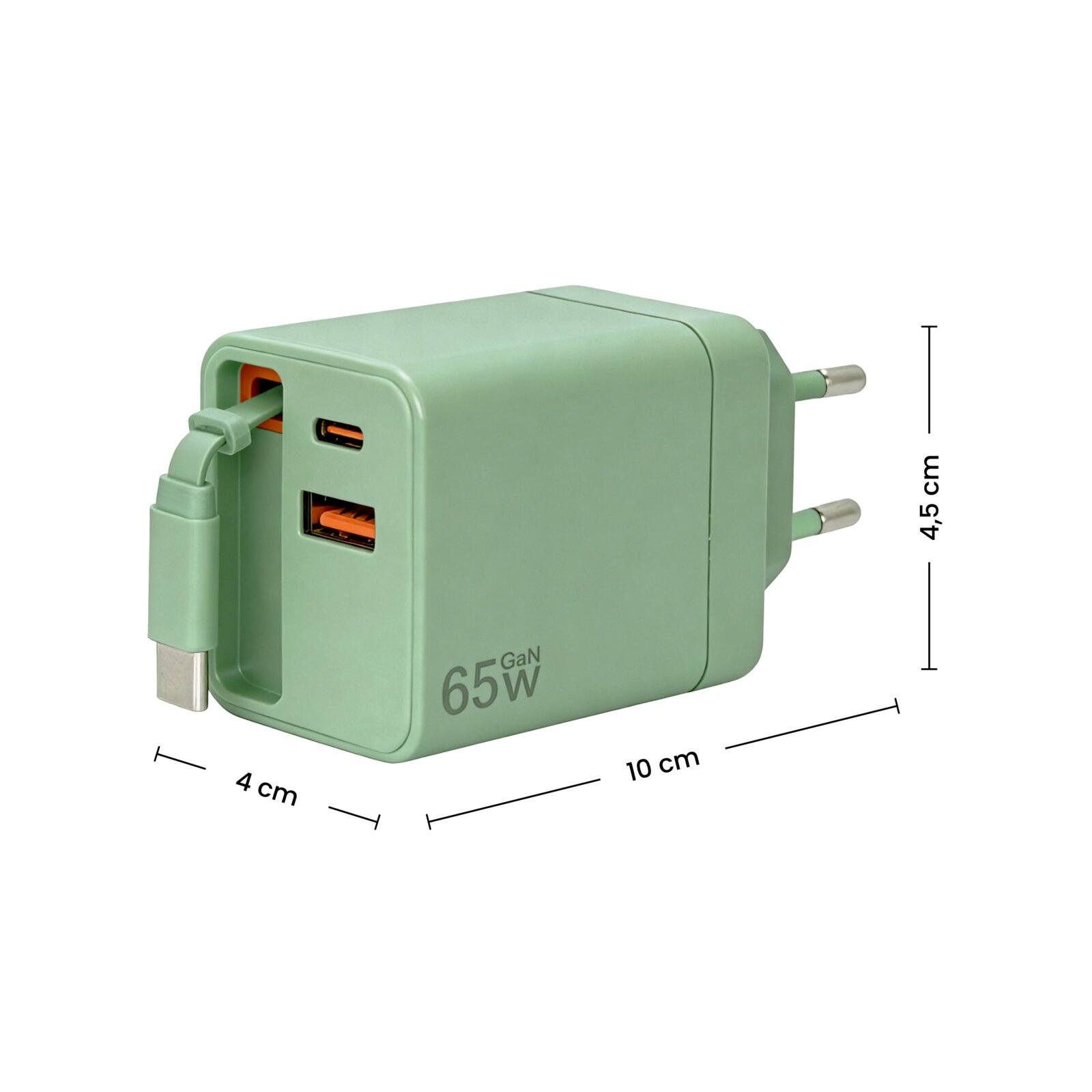 Grünes 65W GaN USB-Ladegerät mit EU-Stecker, aus schräger Vorderseitenansicht; sichtbare USB-C- und USB-A-Anschlüsse sowie integriertes USB-C-Kabel, Maße ca. 10 x 4 x 4,5 cm.