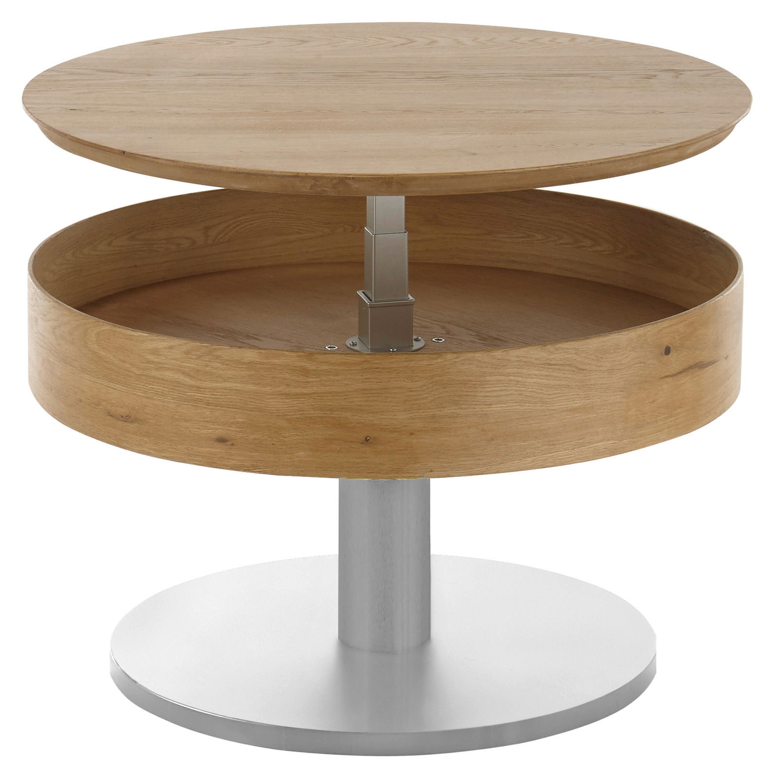 Runder Couchtisch aus Holz mit verstellbarer Tischplatte, seitliche Perspektive