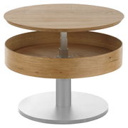 Runder Couchtisch aus Holz mit verstellbarer Tischplatte, seitliche Perspektive