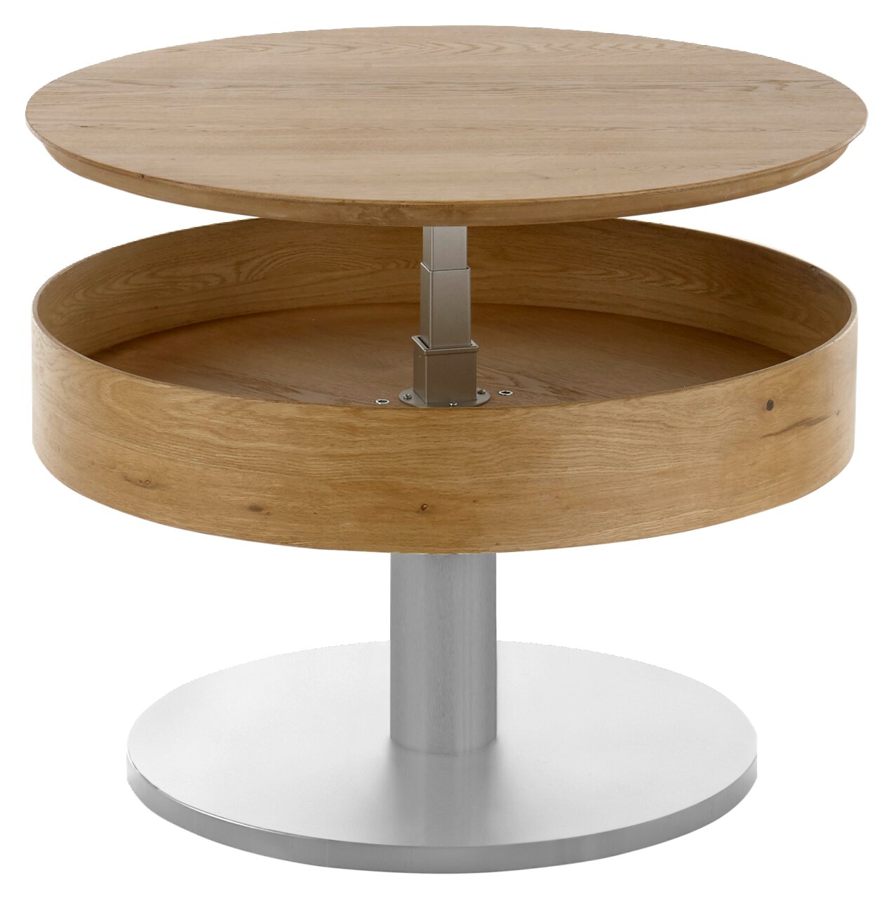 Runder Couchtisch aus Holz mit verstellbarer Tischplatte, seitliche Perspektive
