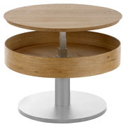 Runder Couchtisch aus Holz mit verstellbarer Tischplatte, seitliche Perspektive