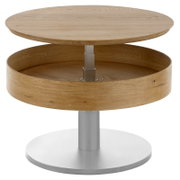 Ronde houten salontafel met verstelbaar tafelblad, zijaanzicht