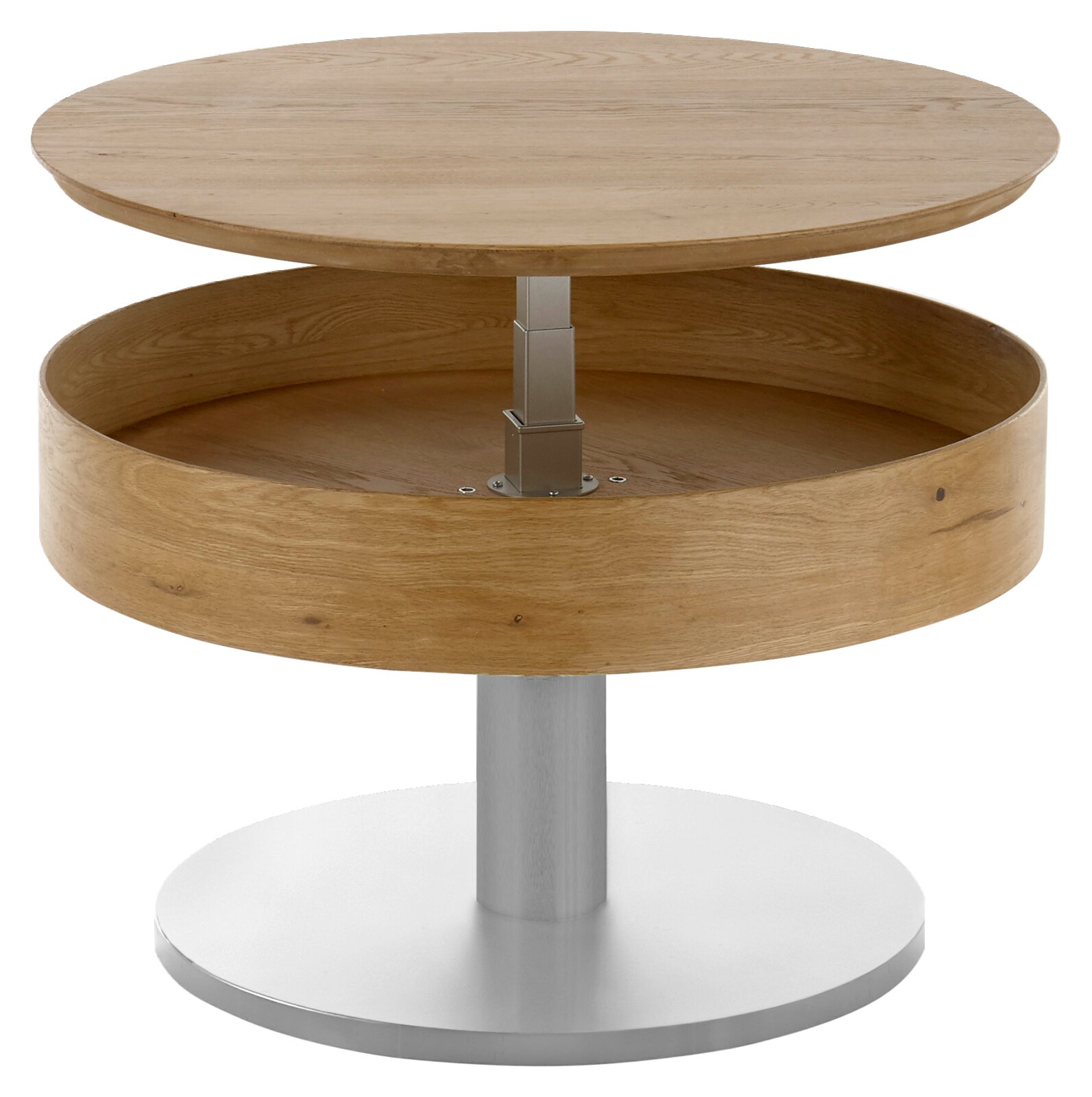 Ronde houten salontafel met verstelbaar tafelblad, zijaanzicht