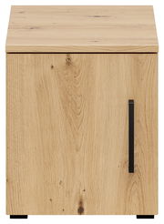 Frontansicht eines hölzernen Aufsatzschranks mit natürlicher Holzmaserung und schwarzem Griff.