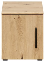 Frontansicht eines hölzernen Aufsatzschranks mit natürlicher Holzmaserung und schwarzem Griff.