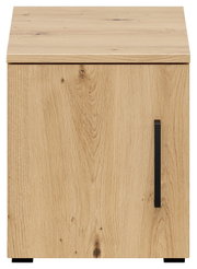 Frontansicht eines hölzernen Aufsatzschranks mit natürlicher Holzmaserung und schwarzem Griff.