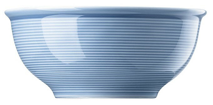 Seitenansicht einer blauen Müslischale mit feinen horizontalen Linien, 16 cm Durchmesser