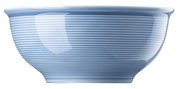 Zijaanzicht van een blauwe mueslischaal met fijne horizontale lijnen, diameter 16 cm