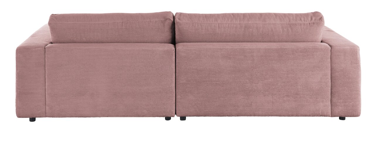 Roze ligbankcombinatie gezien vanaf de voorkant, met geribbelde stoffen bekleding.