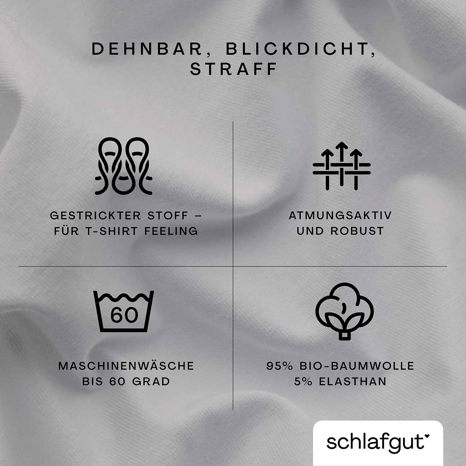 Nahaufnahme eines weißen Spannbettlakens aus 95% Bio-Baumwolle und 5% Elasthan, dehnbar, blickdicht und straff. Geeignet für Maschinenwäsche bis 60 Grad, atmungsaktiv und robust.