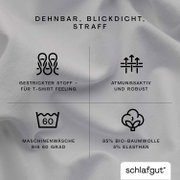 Nahaufnahme eines weißen Spannbettlakens aus 95% Bio-Baumwolle und 5% Elasthan, dehnbar, blickdicht und straff. Geeignet für Maschinenwäsche bis 60 Grad, atmungsaktiv und robust.