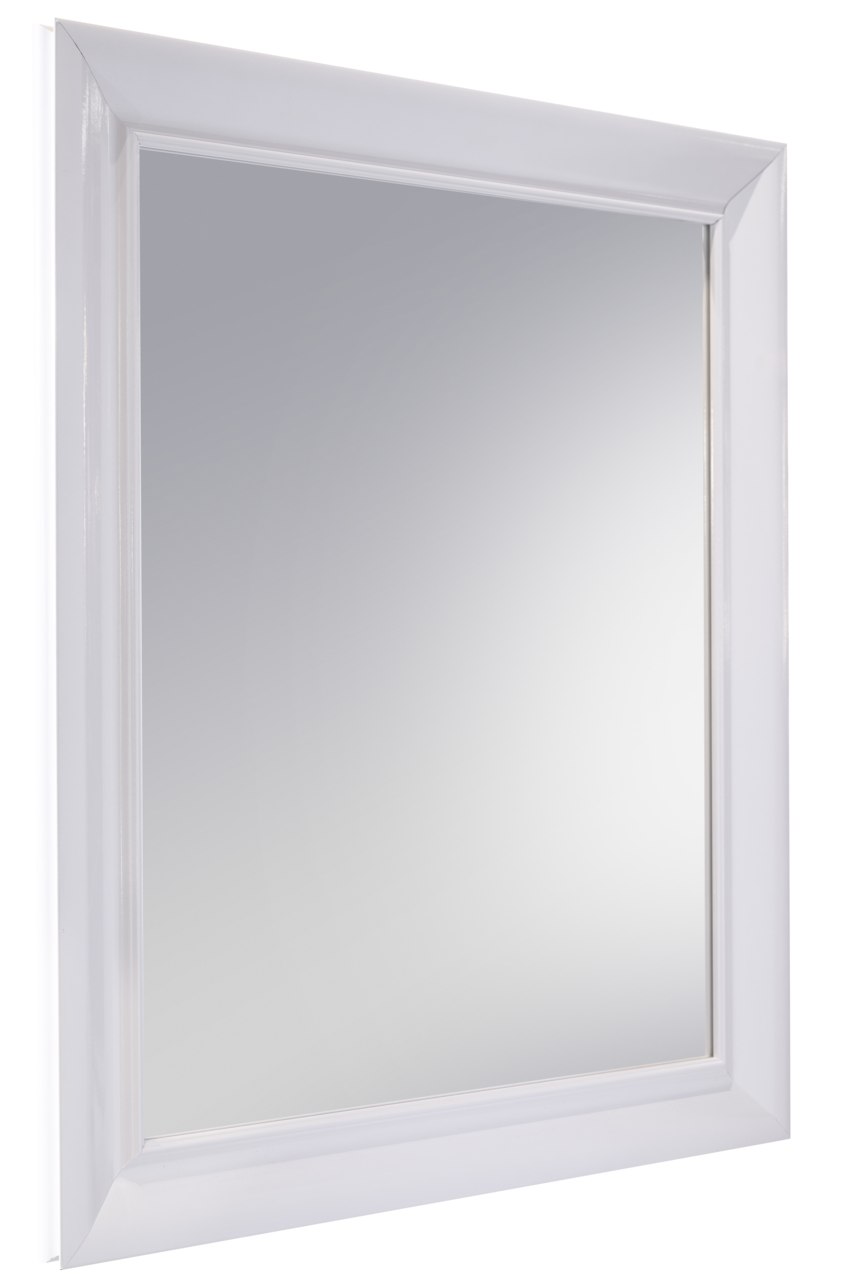 Rechteckiger Spiegel mit weißem Rahmen, seitliche Perspektive