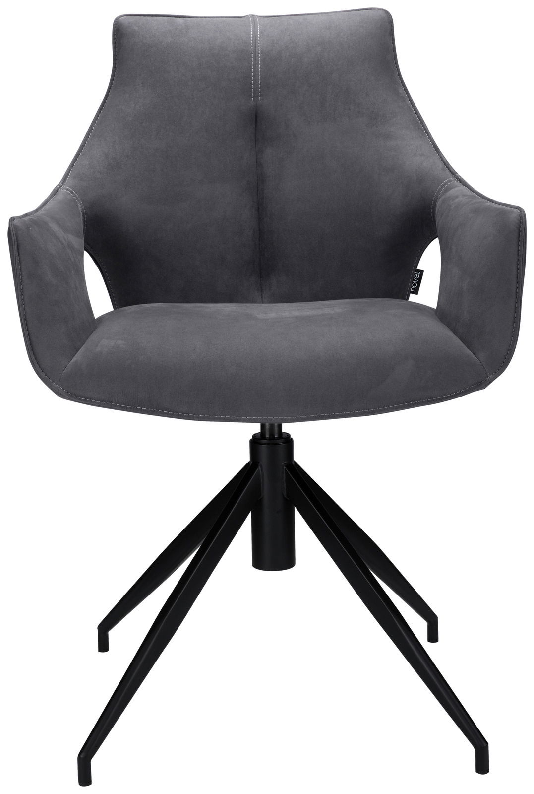 Moderner grauer Sessel mit schwarzem Metallgestell, Vorderansicht