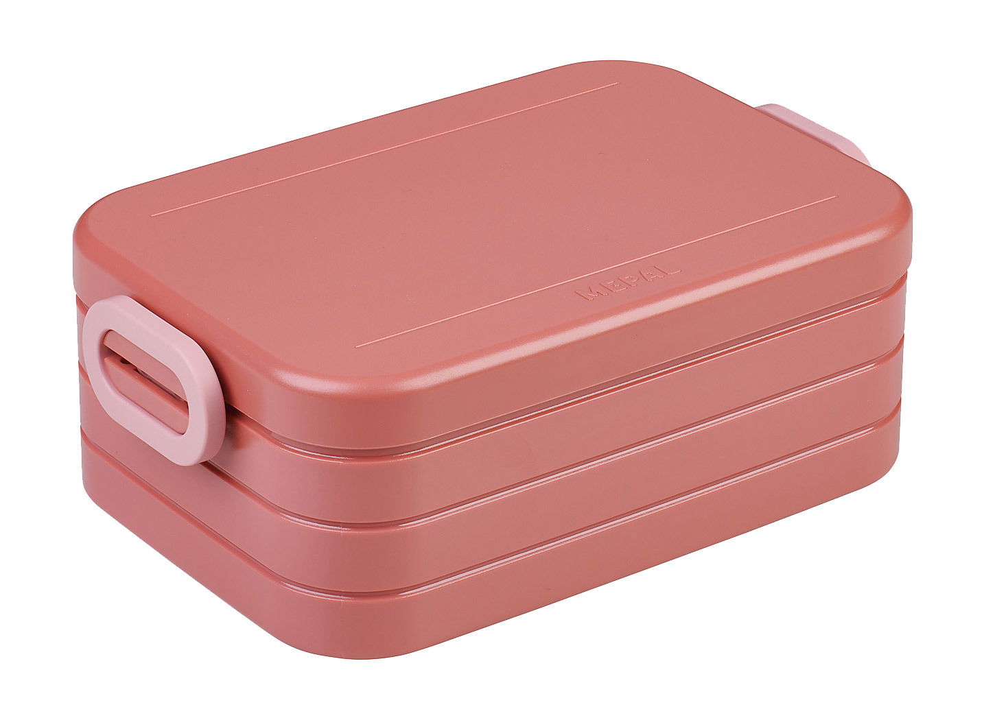 Rosa Lunchbox aus Kunststoff mit abgerundeten Ecken und seitlichem Verschluss, Perspektive von schräg oben.