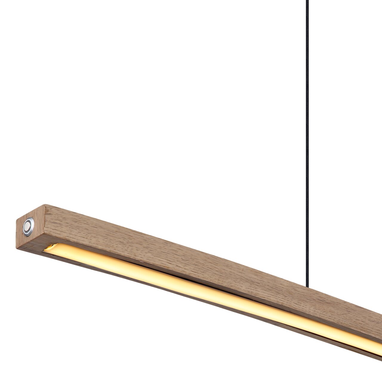 Moderne Hängeleuchte aus Holz mit schmalem, rechteckigem Design, seitliche Perspektive