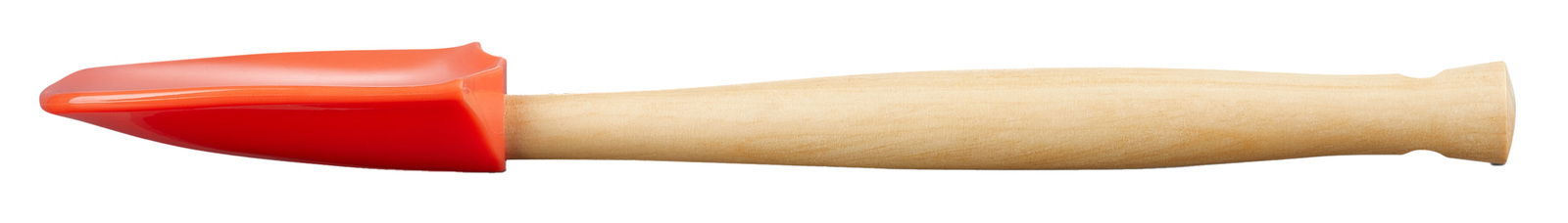 Großer Kochlöffel mit rotem Silikonkopf und Holzgriff, seitliche Perspektive