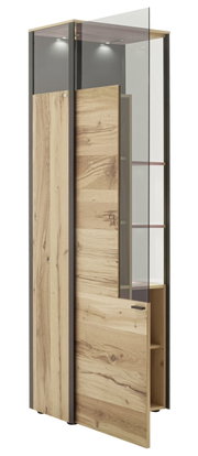 Moderne vitrinekast van hout en glas, gezien vanaf de zijkant, van bovenaf verlicht.