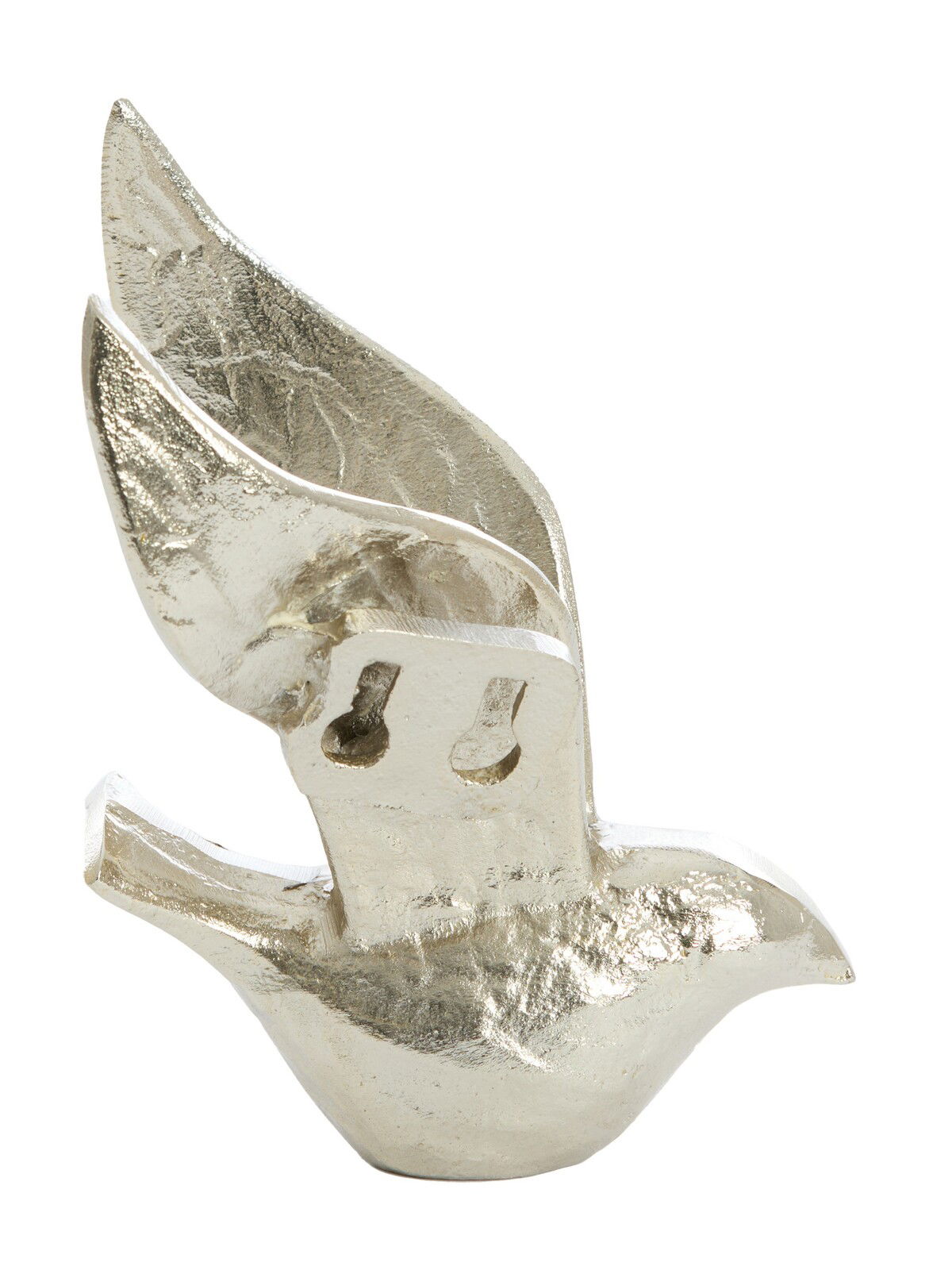 Silbernes Vogel-Ornament aus Metall, seitliche Perspektive