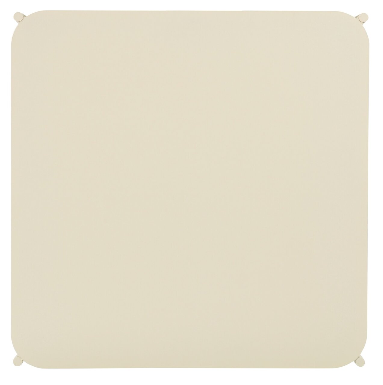 Draufsicht auf eine quadratische, cremefarbene Tischplatte mit abgerundeten Ecken.