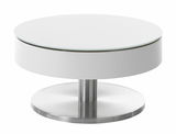 Moderner runder Couchtisch SUVA mit weißer Tischplatte und verchromtem Sockel, seitliche Perspektive.
