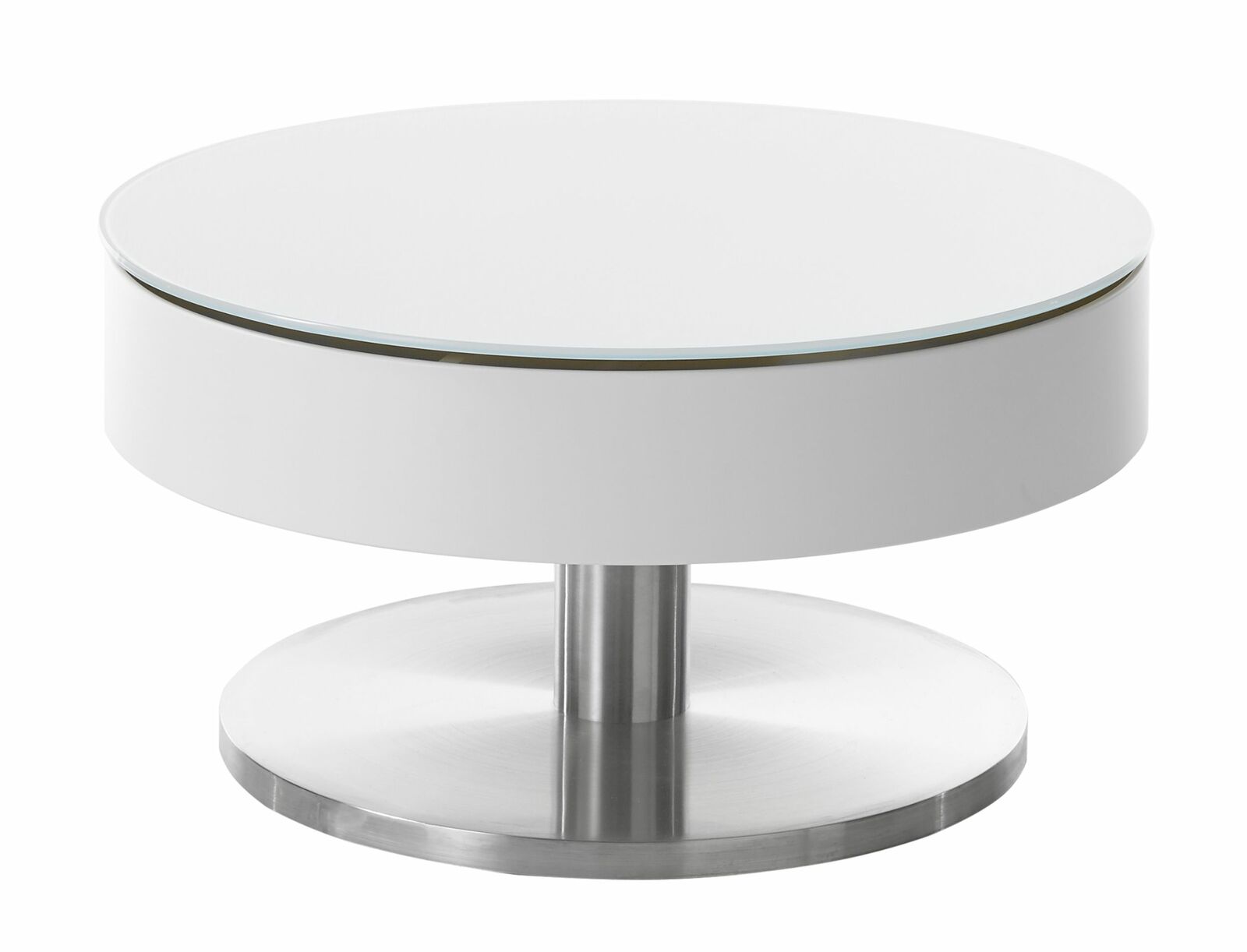 Zurbrüggen Couchtisch SUVA Moderner runder Couchtisch SUVA mit weißer Tischplatte und verchromtem Sockel, seitliche Perspektive.