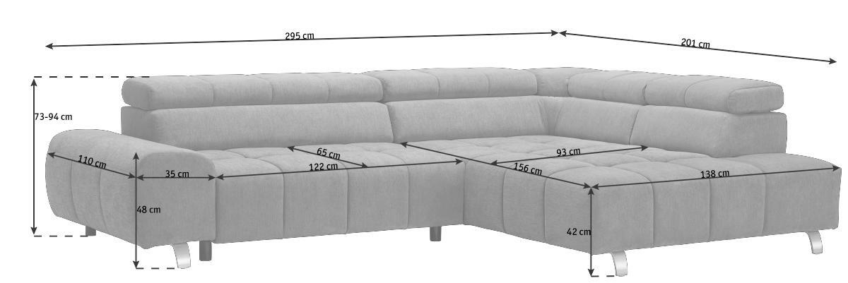 Graues Ecksofa mit Ottomane rechts, Gesamtmaße 295 cm x 201 cm, mit verstellbarer Rückenlehne und modernen Metallfüßen, Perspektive von vorne links.