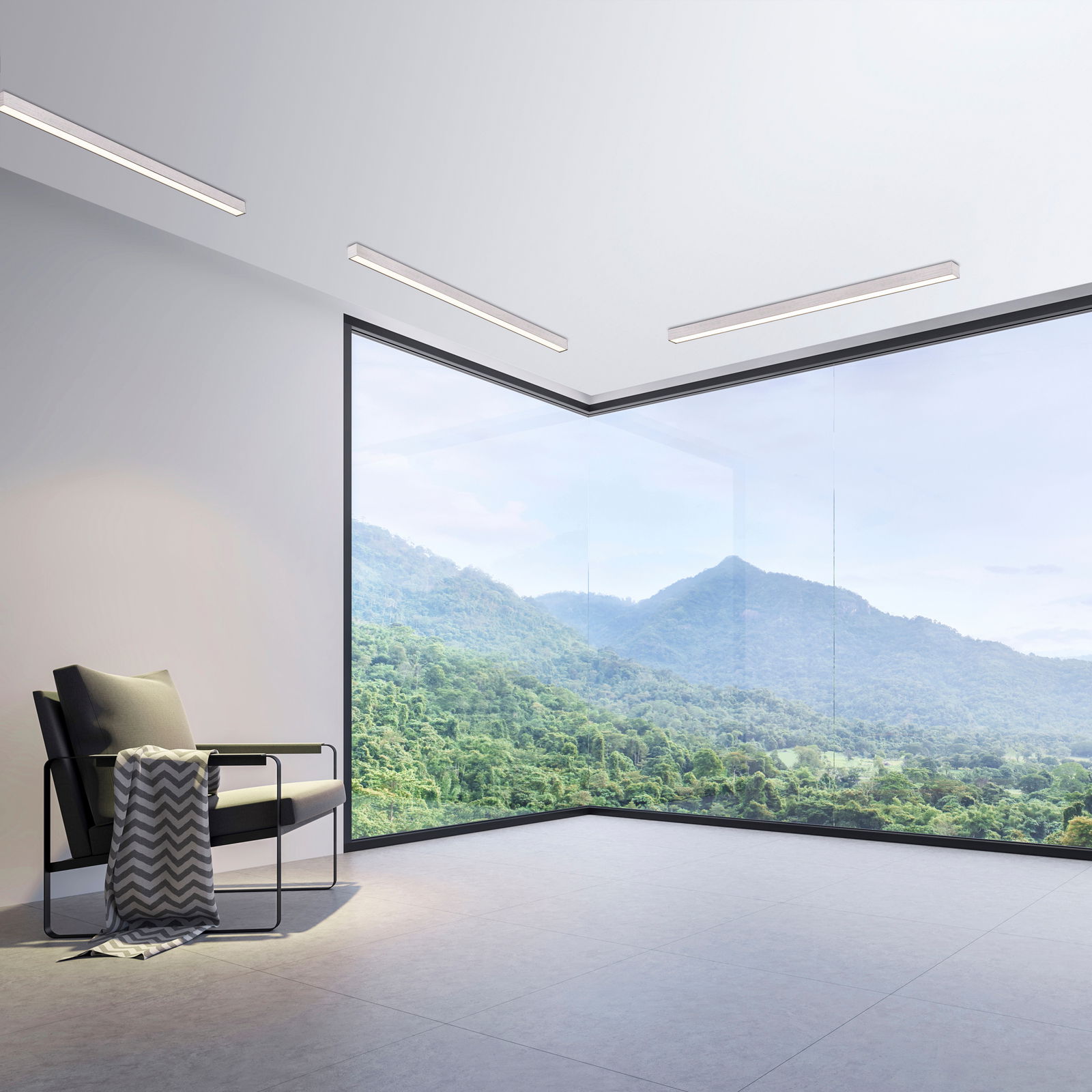 Moderne Deckenleuchte aus Aluminium in einem eleganten Raum mit Panoramafenster und Blick auf eine grüne Landschaft, aus der Perspektive von unten betrachtet.