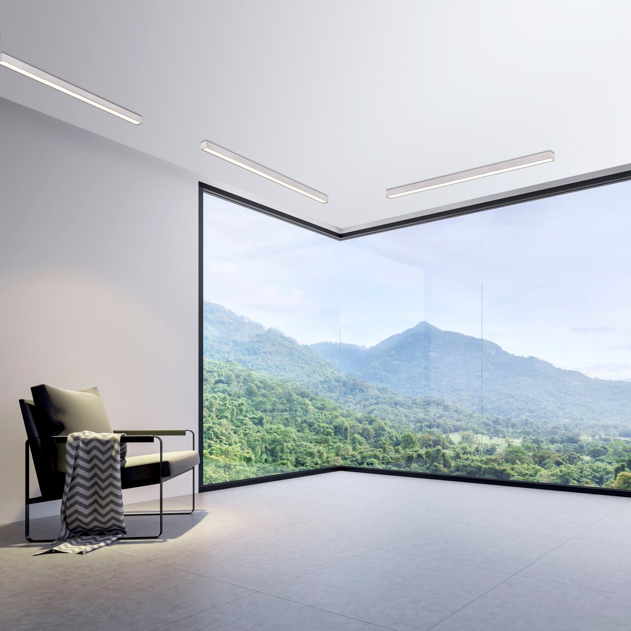 Moderne Deckenleuchte aus Aluminium in einem eleganten Raum mit Panoramafenster und Blick auf eine grüne Landschaft, aus der Perspektive von unten betrachtet.