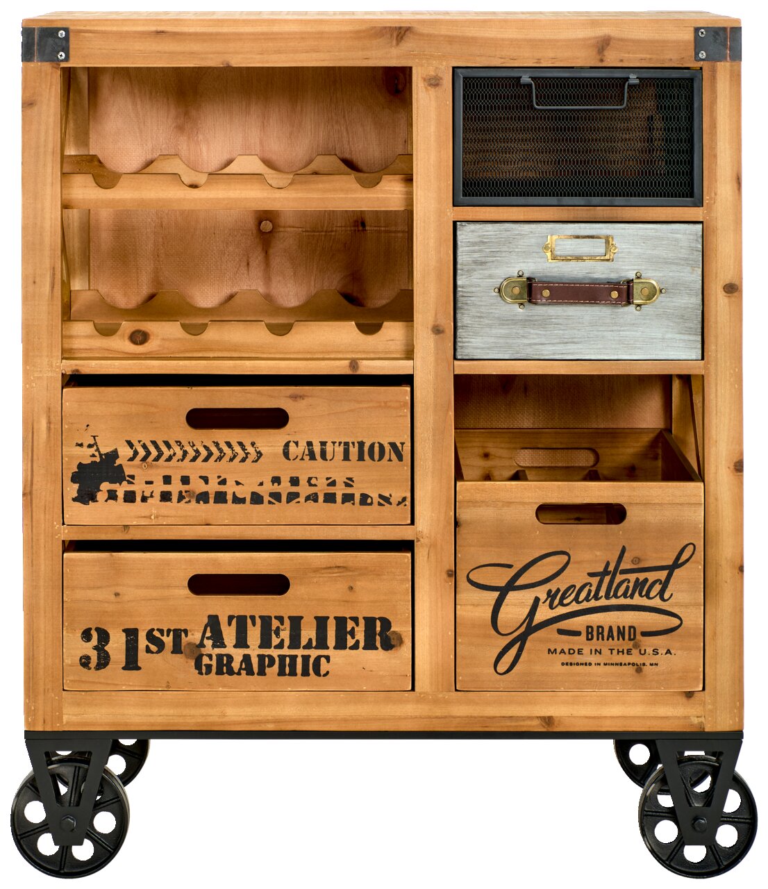 Rustikaler Bar- und Servierwagen aus Holz mit mehreren Fächern und Schubladen, auf Rollen, Frontalansicht.