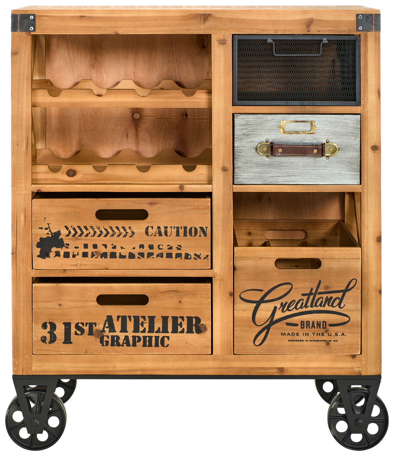 Rustikaler Bar- und Servierwagen aus Holz mit mehreren Fächern und Schubladen, auf Rollen, Frontalansicht.