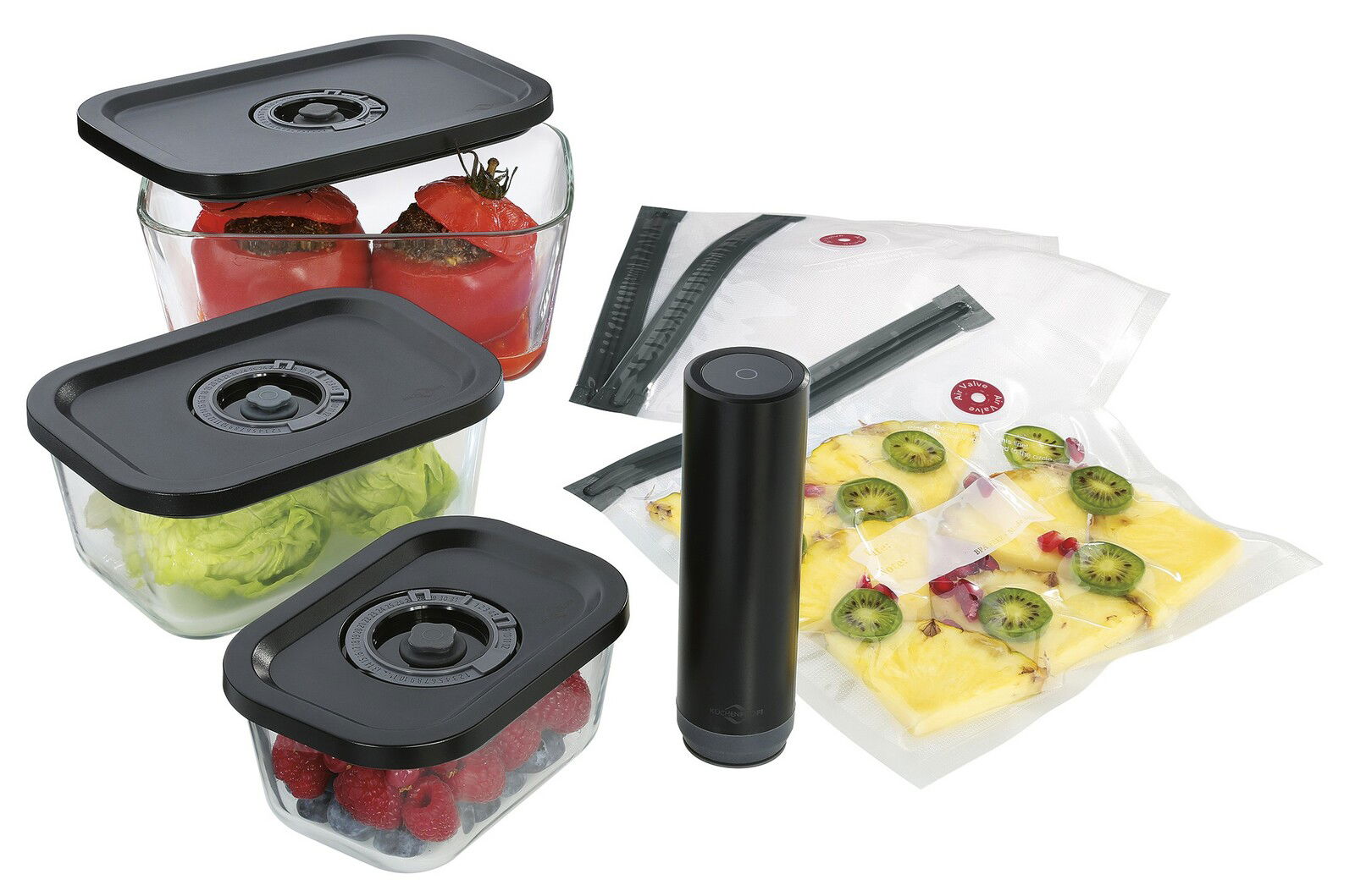 Vakuumier-Set EASYFRESH, 7-tlg, bestehend aus mehreren Vakuumbehältern mit schwarzem Deckel, Vakuumiergerät und Vakuumbeuteln, gefüllt mit frischen Lebensmitteln, aus der Vogelperspektive.