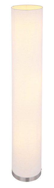 Zylindrische Tischleuchte mit weißem Stoffschirm und Metallfuß, warm leuchtend, frontal in leichter Aufsicht vor weißem Hintergrund