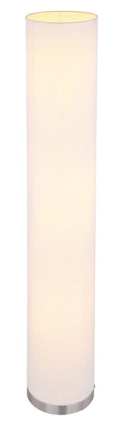Zylindrische Tischleuchte mit weißem Stoffschirm und Metallfuß, warm leuchtend, frontal in leichter Aufsicht vor weißem Hintergrund